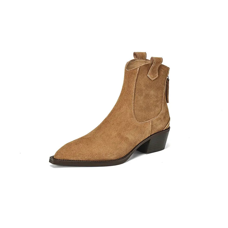 Bottes Suède Vache Chunky Heel Western Femme – Bout Pointu Noir Zip Concis Automne