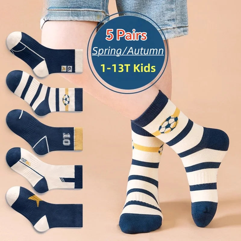 Lot 5 Paires Chaussettes Garçon Coton Rayures Motif Football – Chaussettes Enfant Printemps Automne 1-14 Ans