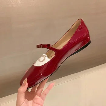 Ballerines Mary Jane Glossy Bowknot Rouge 2025 – Bout Carré Danse Mariage Bal Nuptial