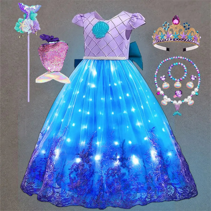 Déguisement Princesse Petite Sirène Fille – Robe de Bal Lumineuse Broderie Carnaval Ariel