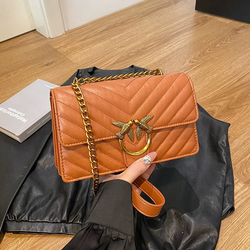Sac Bandoulière Femme Chaîne Métal Logo – Pochette Crossbody Couleur Unie Fermeture Magnétique