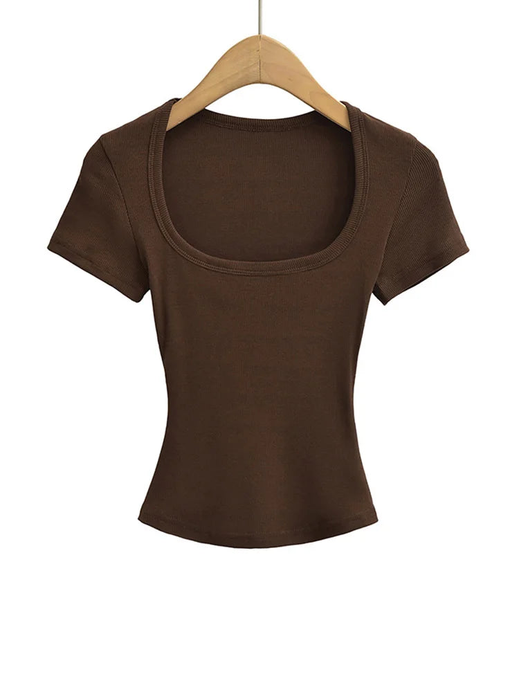 Crop Top Femme Col Carré Slim Stretch Manches Courtes Sexy – T-Shirt Court Élastique Casual Été | Mode