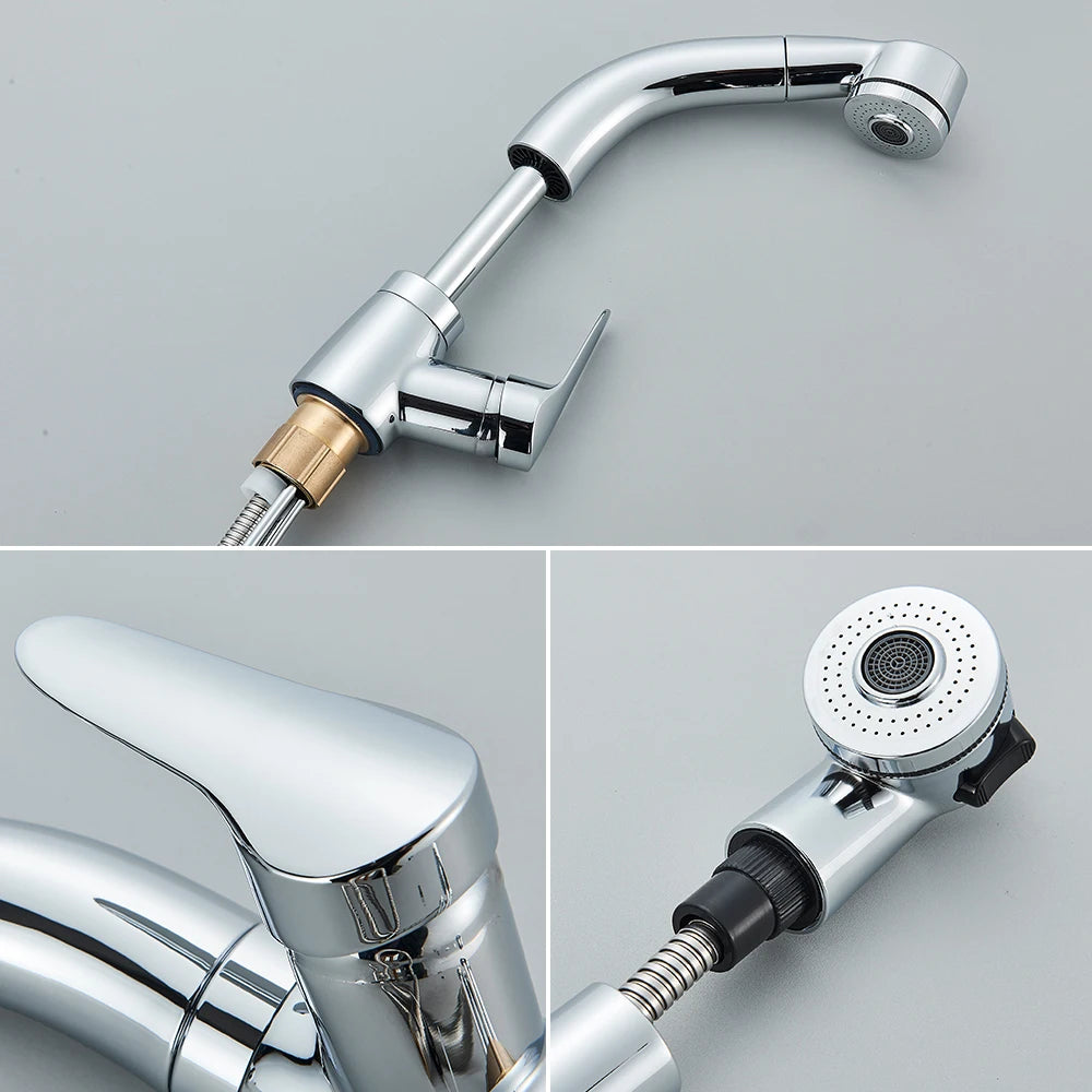 POIQIHY Robinet Lavabo Extractible Noir – Mitigeur Chaud Froid, Rotation 360°, Bec Relevable | Chrome & Noir Salle de Bain