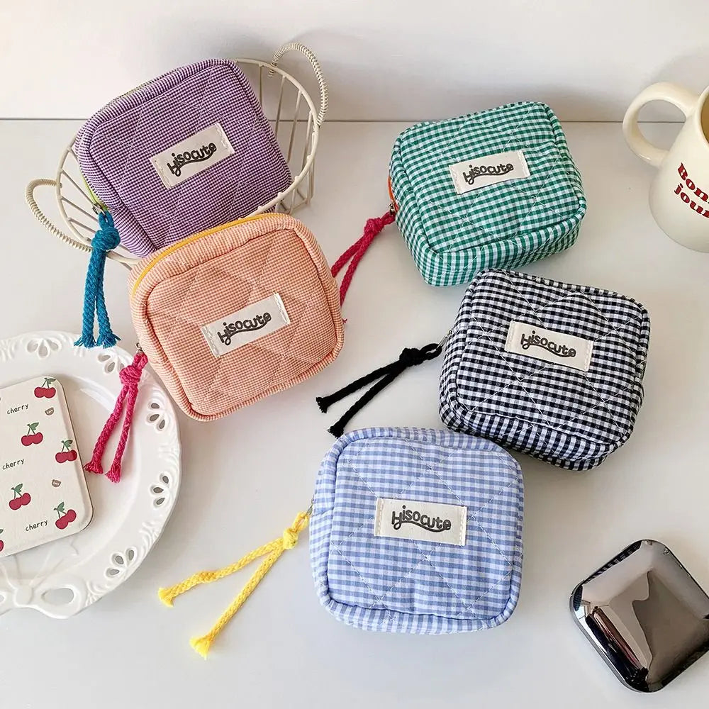 Mini Pochette Vichy Zippée – Trousse Cosmétique Porte-Monnaie Serviettes Hygiéniques Organiseur Cadeau