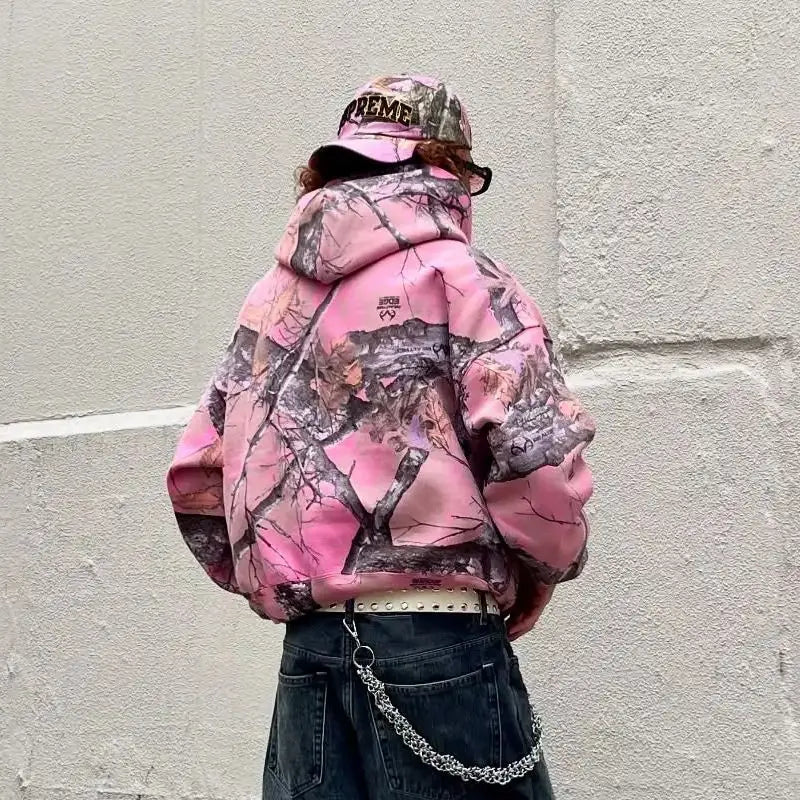 Sweat à Capuche Zippé Unisexe Y2K Rétro Camouflage Rose Branches Imprimé Streetwear Harajuku Boxy Casual – Hoodie Tendance Oversize | Mode Unisexe