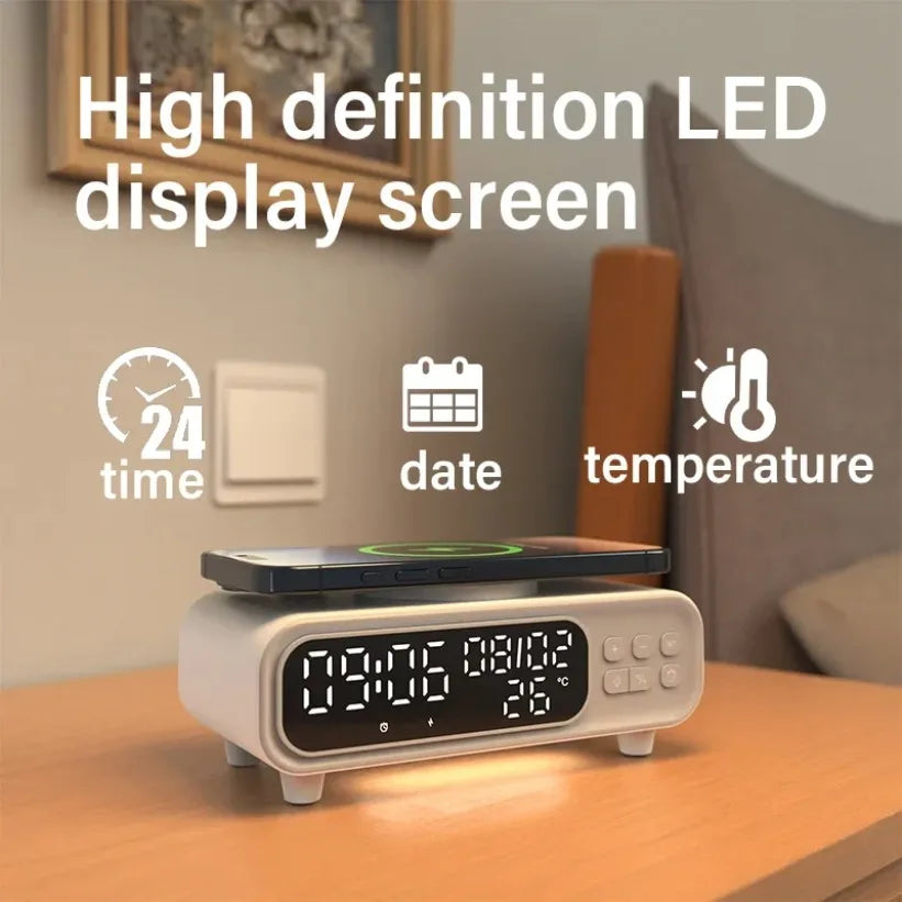 Chargeur Sans Fil 15W Horloge Alarme LED – Thermomètre Veilleuse Dock iPhone Écouteurs