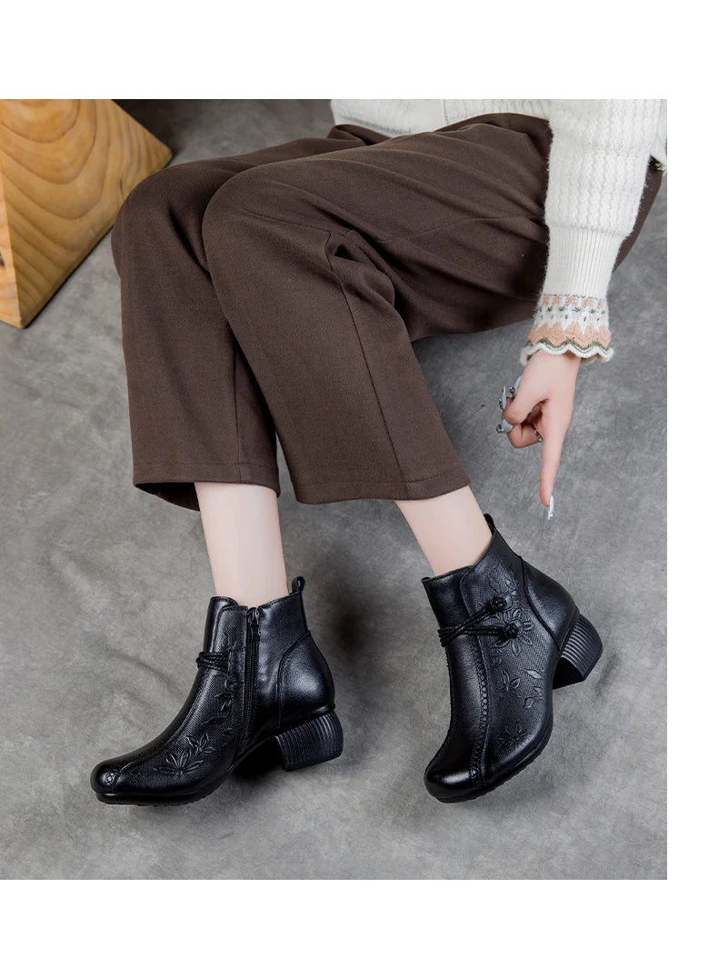 GKTINOO Bottines Cuir Véritable Talon Épais 2026 – Zip Retro Fait Main Automne Hiver