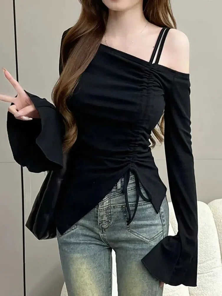 Damen Off-Shoulder-Oberteil Weiß mit Band Kordelzug Glockenärmel Elegant – Sexy Romantischer Body | Casual Chic