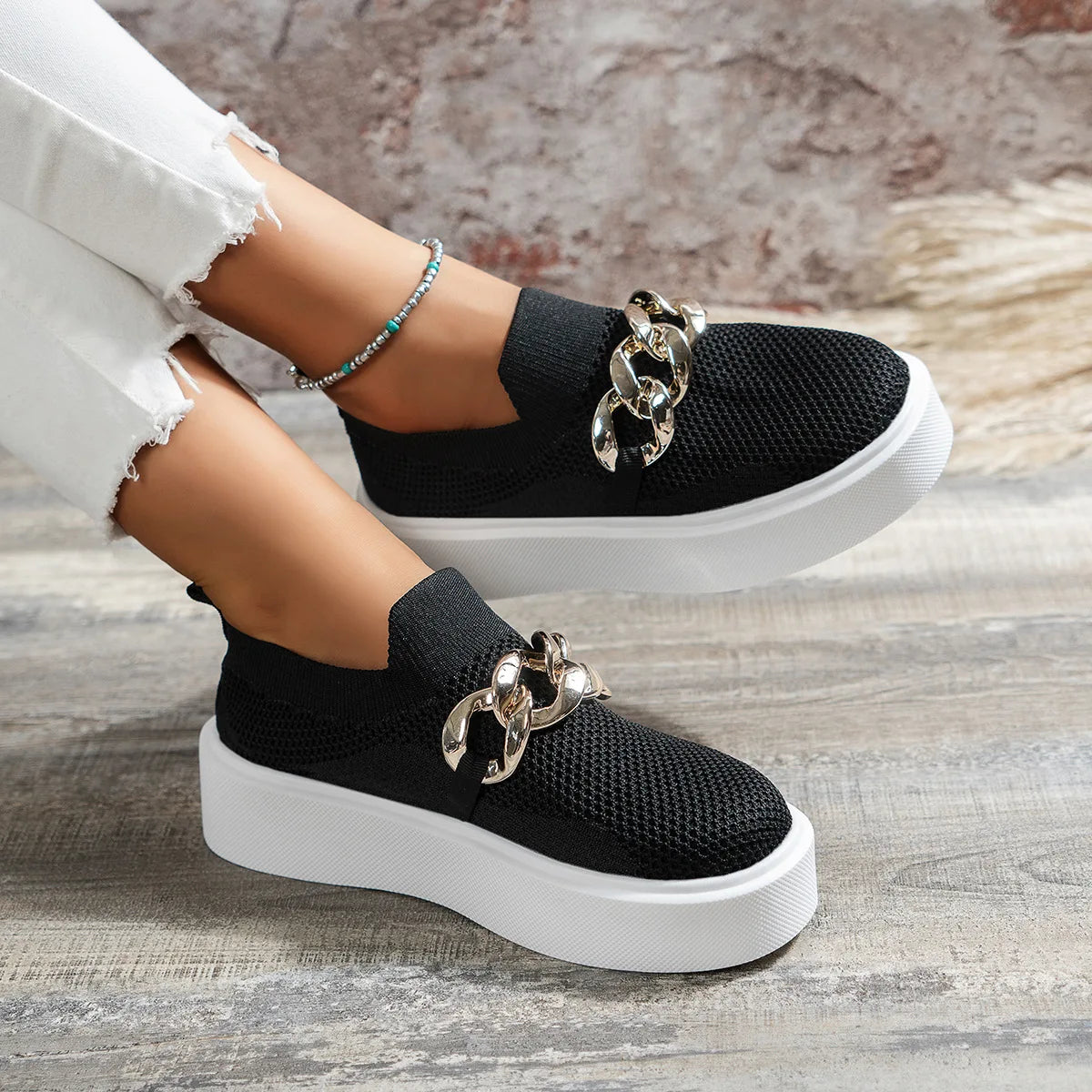 Ballerines Plateforme Noires Chaîne Métal Femme 2025 – Loafers Mesh Oxford Designer Casual