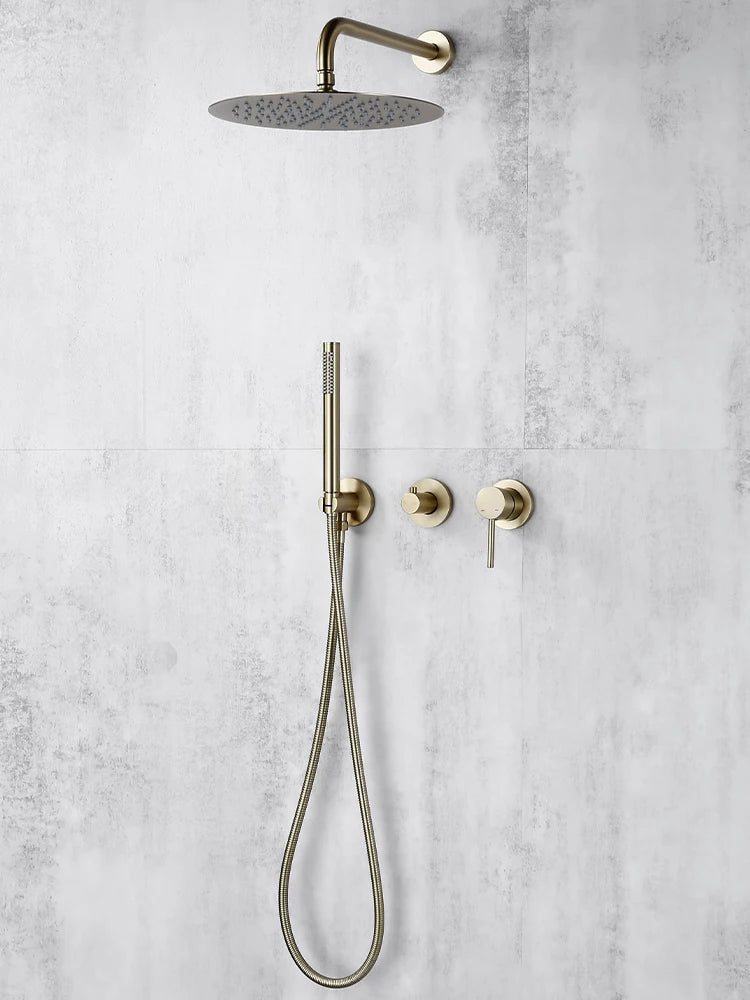 Bagnolux Ensemble Douche Pluie Mural Or Brossé – Valve de Contrôle, Pommeau Pluie, Douchette & Flexible | Salle de Bain Luxe