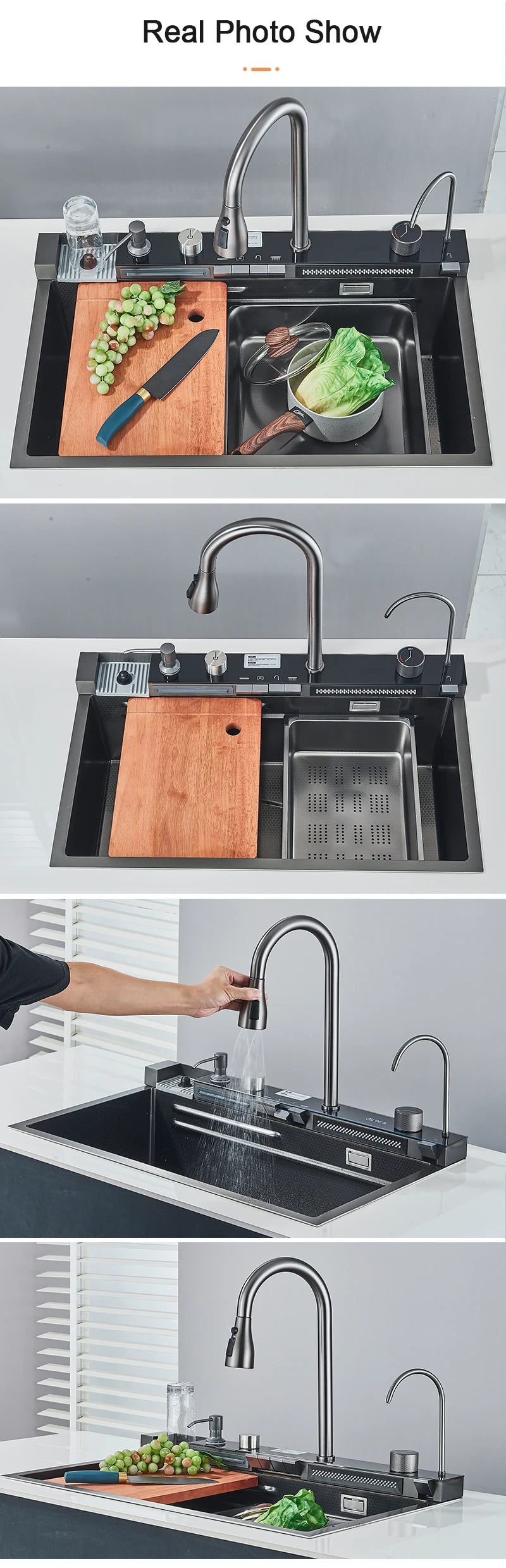 Évier Cuisine Inox 75x45cm Affichage Digital Température – Grand Bac, Robinet Cascade Eau Chaude & Froide | Design Moderne
