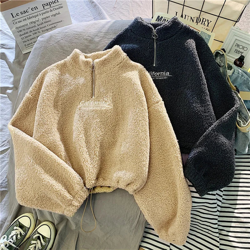 Sweat Court Femme Col Montant Polaire Brodé Cordon Manches Longues Velours Peluche Élégant – Hoodie Crop | Automne