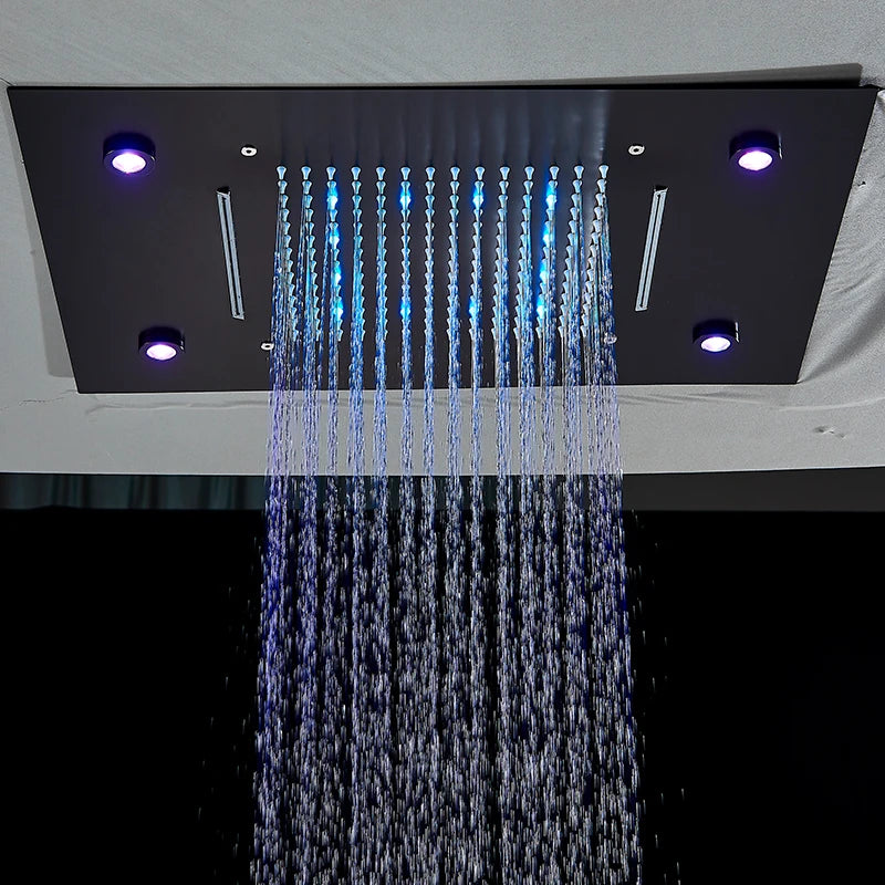 Pommeau Douche Plafond LED Cascade Luxe 49x35cm – Lumières Multicolores Intégrées | Salle de Bain Spa