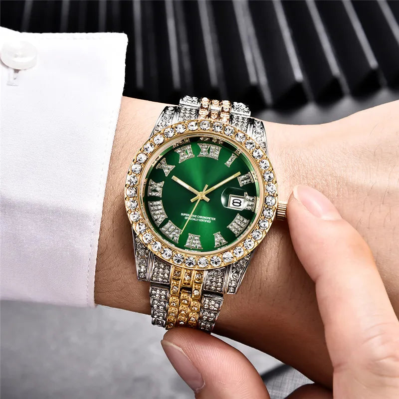 Montre Homme Hip Hop Diamant Fashion Bracelet Alliage Dorée Luxe Date Quartz Tendance Streetwear Bling | Montre Hip Hop Diamant Dorée Premium