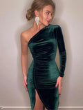 Elegantes Damen Samt Midi-Kleid Langarm Bodycon Schlitz Bleistift Abendkleid – Schickes Outfit Frühling Herbst | Glamour