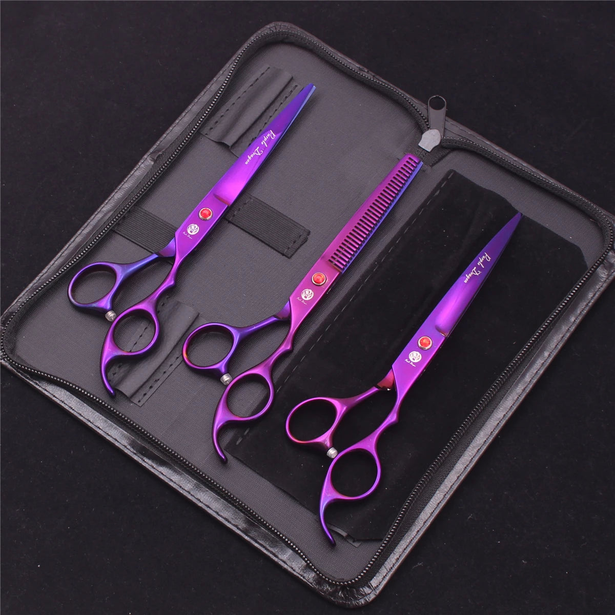 Kit Ciseaux Toilettage Chien Purple Dragon 18cm Inox – Droits Effileurs Chunker Courbés | Toiletteur Professionnel Animaux Z3003