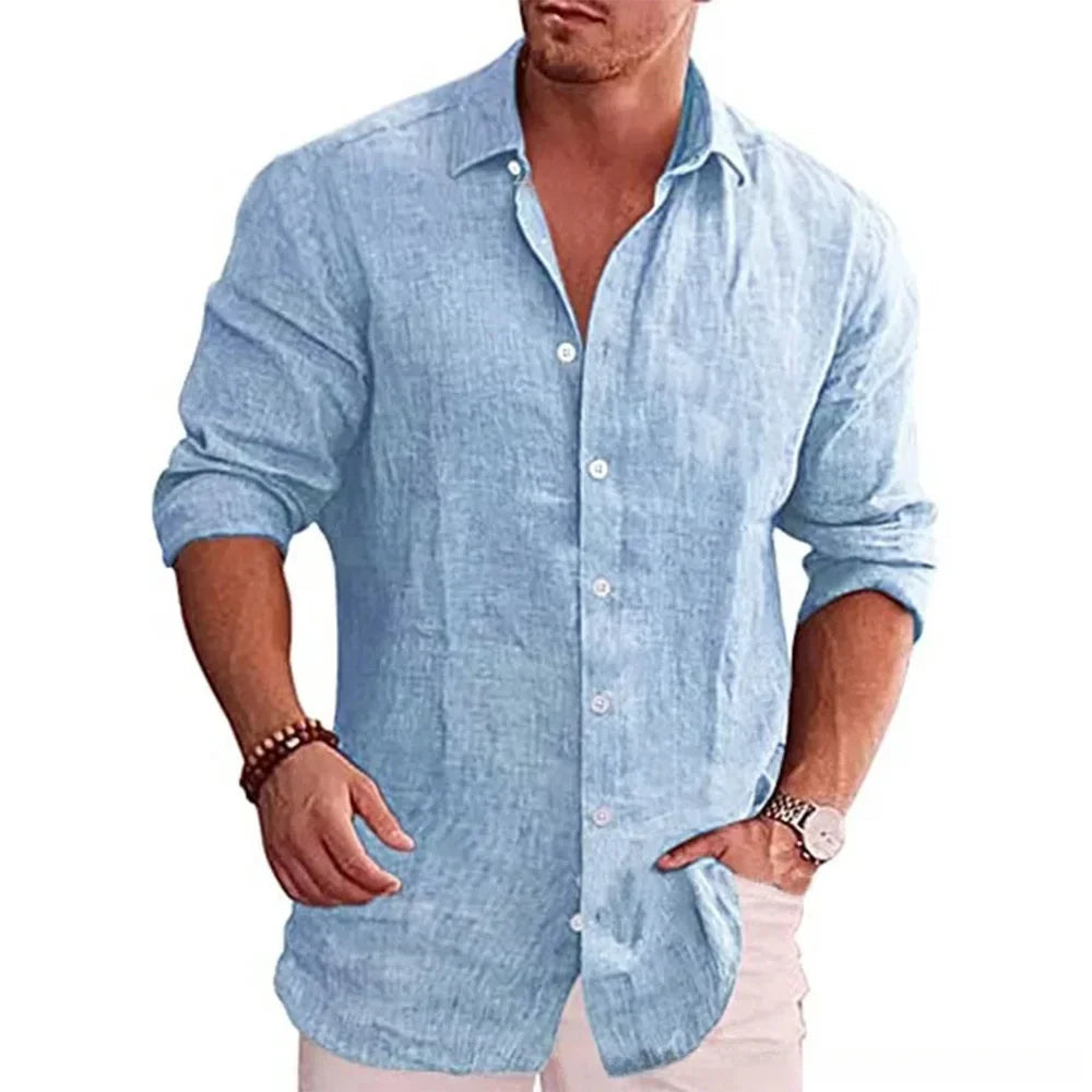 Chemise Homme Lin Coton Manches Longues Couleur Unie Casual Resort Style Polyvalente Automne Élégante Respirante – Chemise Lin Premium Toutes Saisons | Mode Homme Premium