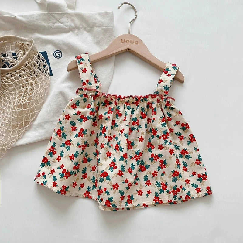 Ensemble Fille Été Bretelles + Short – Tenue Casual Enfant Jupe Fleurie 2 Pièces