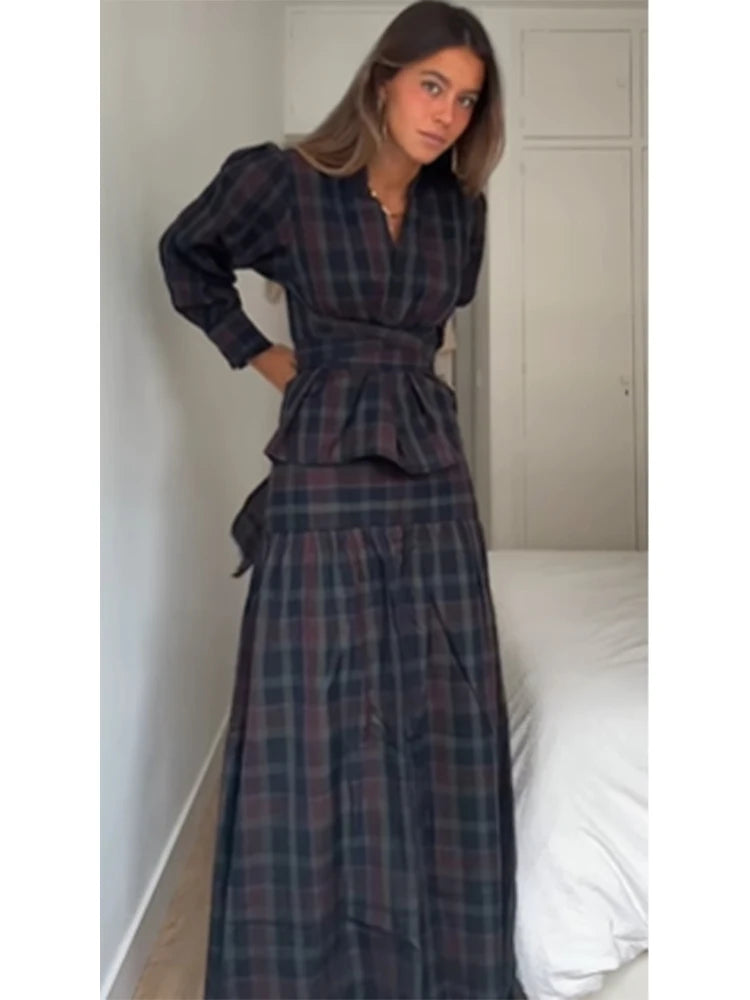 Ensemble 2 Pièces Femme Veste À Carreaux Manches Lanterne Lacets Plissée & Jupe Longue – Tenue Bureau Casual Chic Élégante | Mode