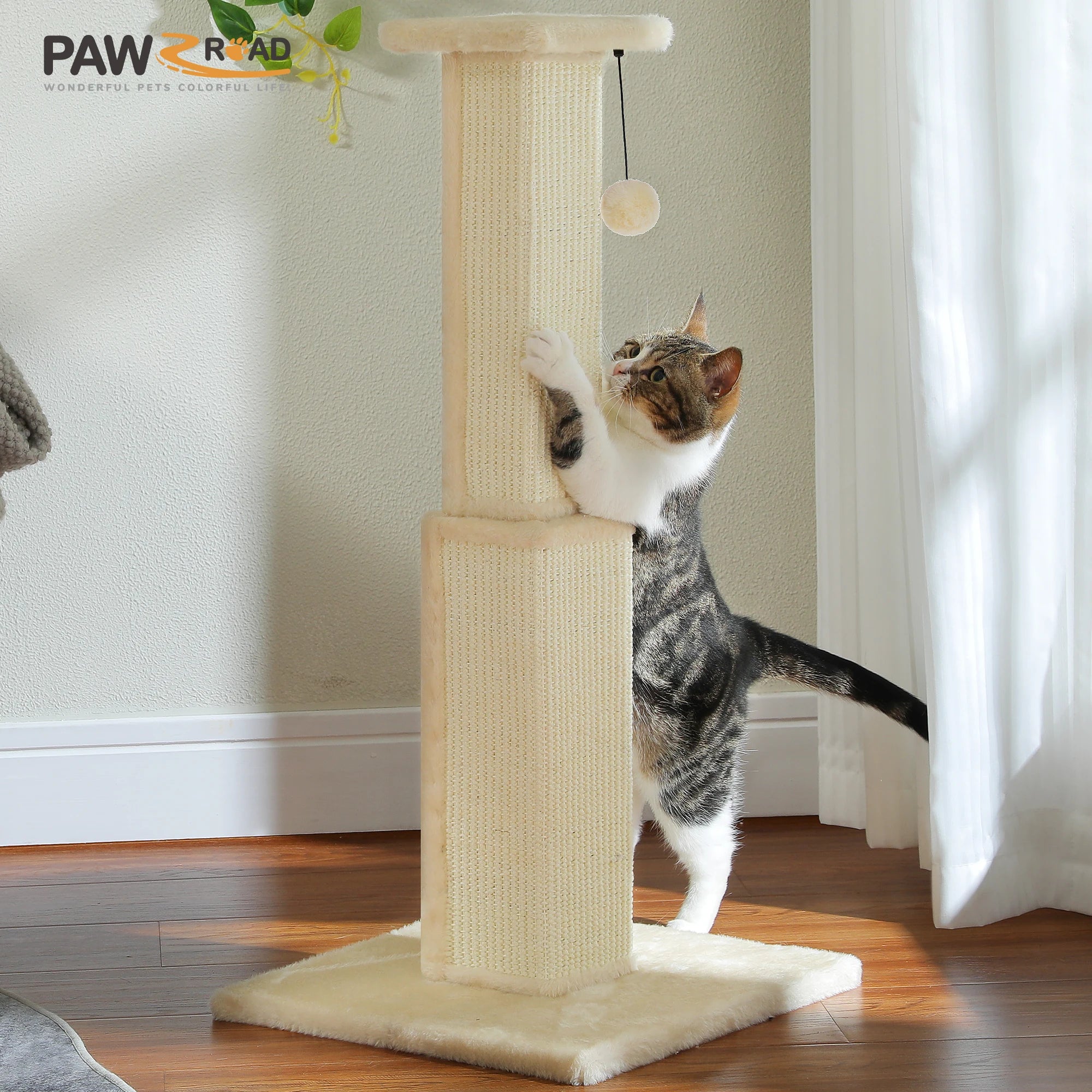 Grand Griffoir Chat Sisal Tressé – Balle Suspendue, Haute Colonne, Jouet & Grattoir pour Chats d'Intérieur Adultes