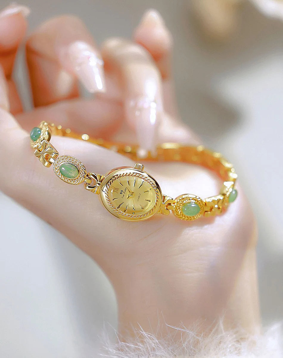 Montre Femme Luxe Jade Bracelet Quartz Dorée – Élégante Fashion Cadeau Idéal