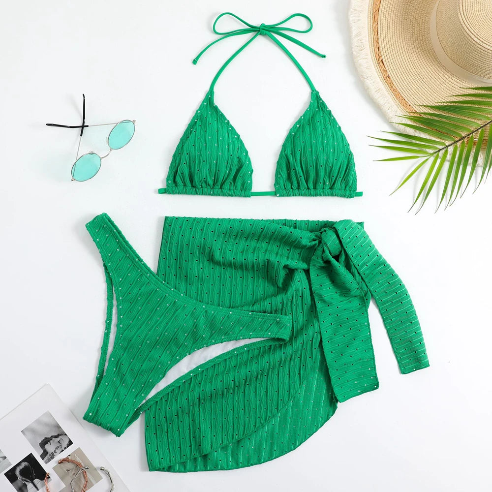 Bikini 3 Pièces Halter Femme Sexy Tanga – Maillot de Bain Avec Paréo Jupe | Blanc Noir Rose Vert Été