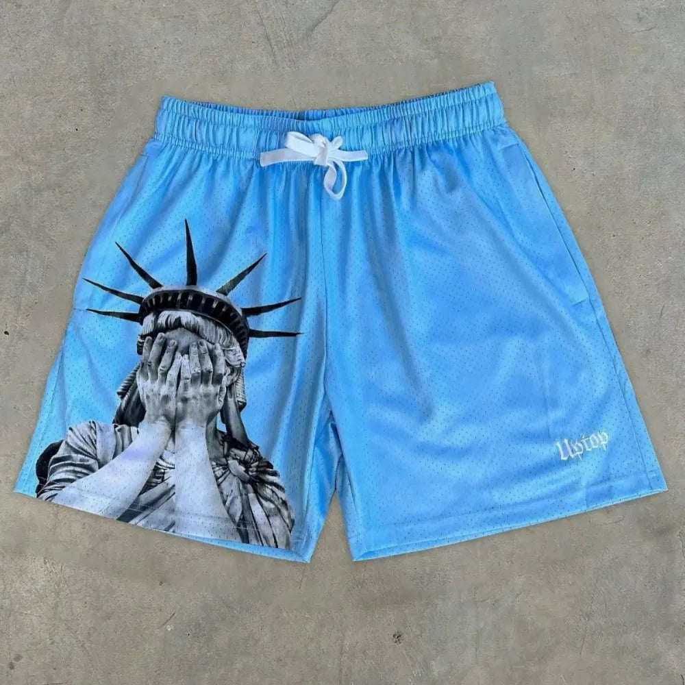 Kurze Herrenhose mit Freiheitsstatuen-Print, amerikanischer, europäischer Stil, atmungsaktiv, verstellbarer Kordelzug, lässig, Outdoor, Sommer, bequem, leicht – Premium Americana Casual Shorts | Premium Herren-Sommermode