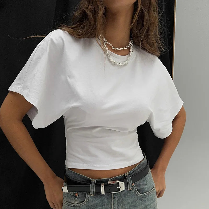 T-Shirt Crop Top Femme Gris Col Rond Style Corset – Casual Solid Streetwear | Printemps Été