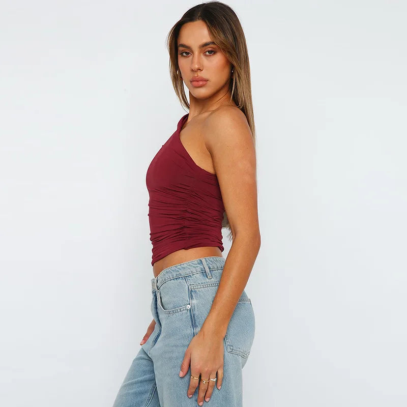 Top Une Épaule Dos Nu Femme – Couleur Bonbon Ajusté Sans Manches | Sexy Casual Été