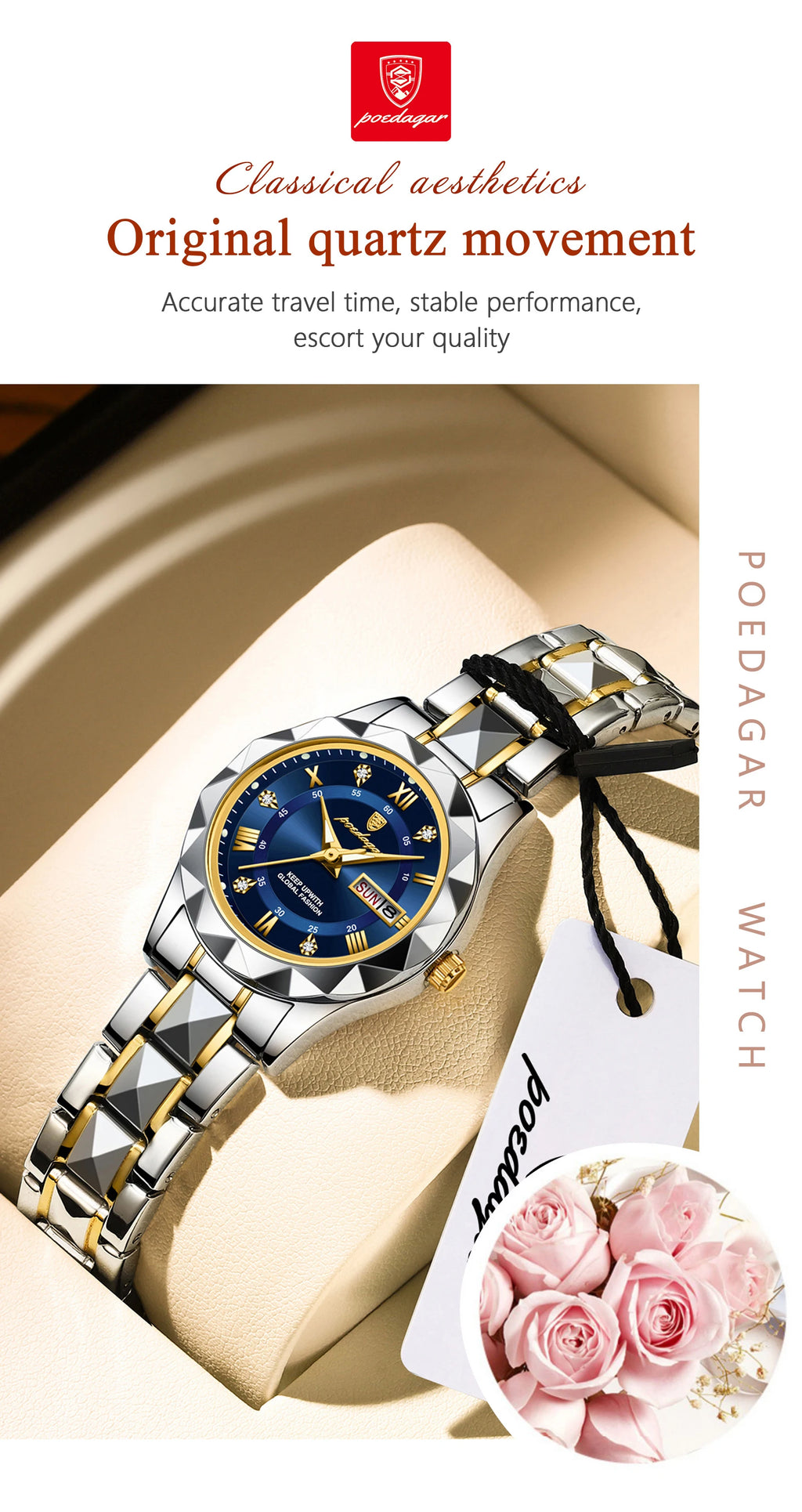 Montre Femme POEDAGAR Casual Quartz Lumineuse – Acier Inoxydable Étanche Date Semaine Fashion