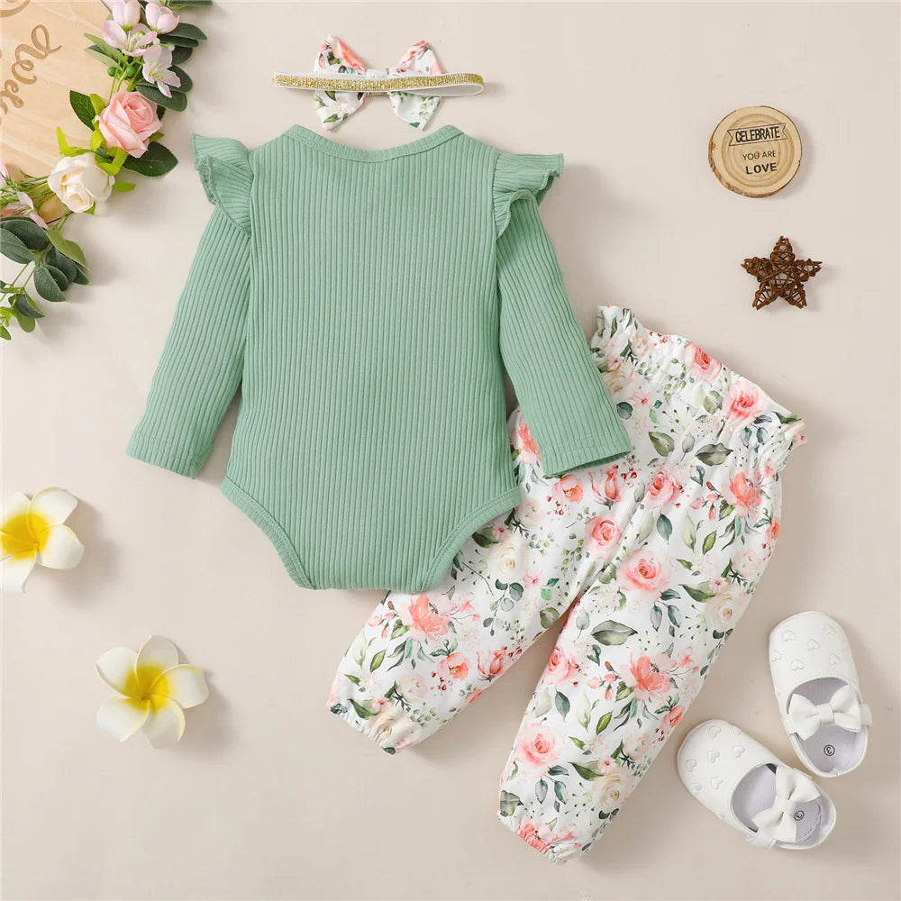 Tenue 3 Pièces Bébé Fille Fleurie – Body Manches Longues + Pantalon Fleurs + Bandeau 0-18 Mois