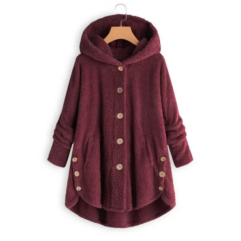 Damen Teddyfell-Mantel mit Kapuze – Warme Fleece-Jacke Unifarben | Herbst Winter Trend