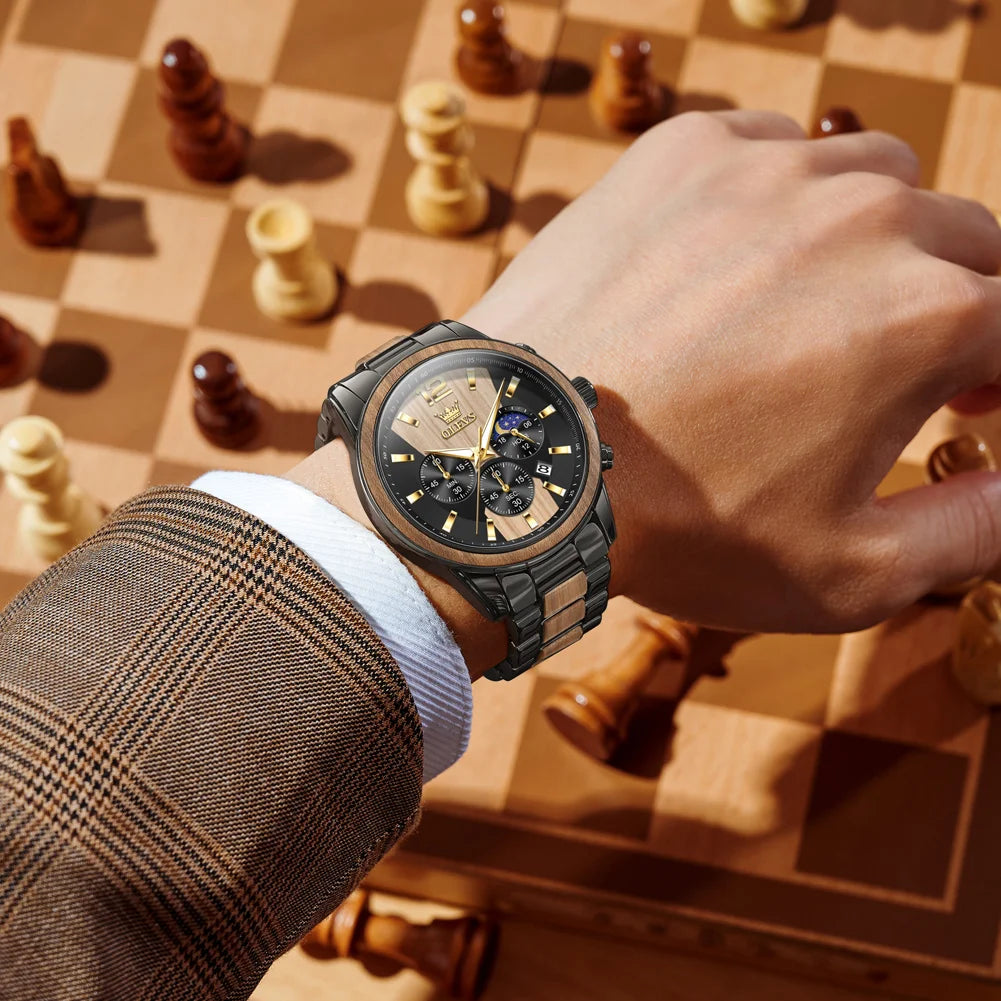 Montre Homme OLEVS Luxe Quartz – Bracelet Acier & Bois Santal Rouge Lumineux Étanche Calendrier