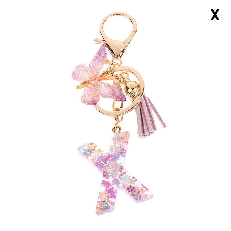 Porte-Clés Lettre Initiale Sequins Femme – Pendentif Papillon Pompon Sac Voiture Bijou