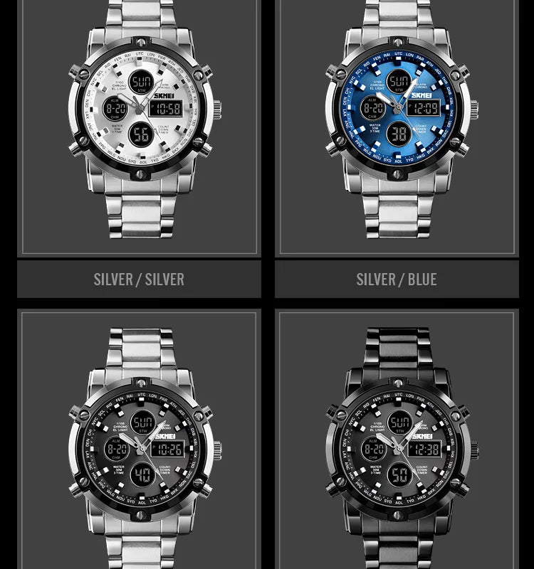 Montre Homme SKMEI Luxe Bracelet Acier 3 Fuseaux Horaires LED Sport Alarme Analogique Digitale Chronomètre | Montre SKMEI Multifonction Sport Luxe Premium