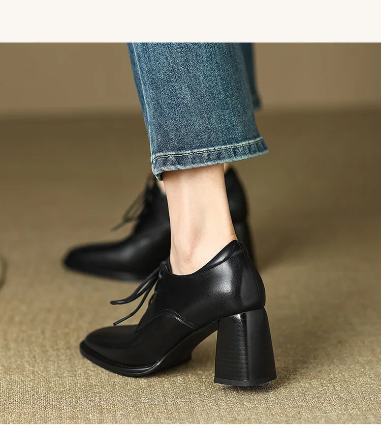 Loafers Bout Carré Chunky Heel Cuir Femme – Lacets Retro Noir Plus Size Printemps Automne