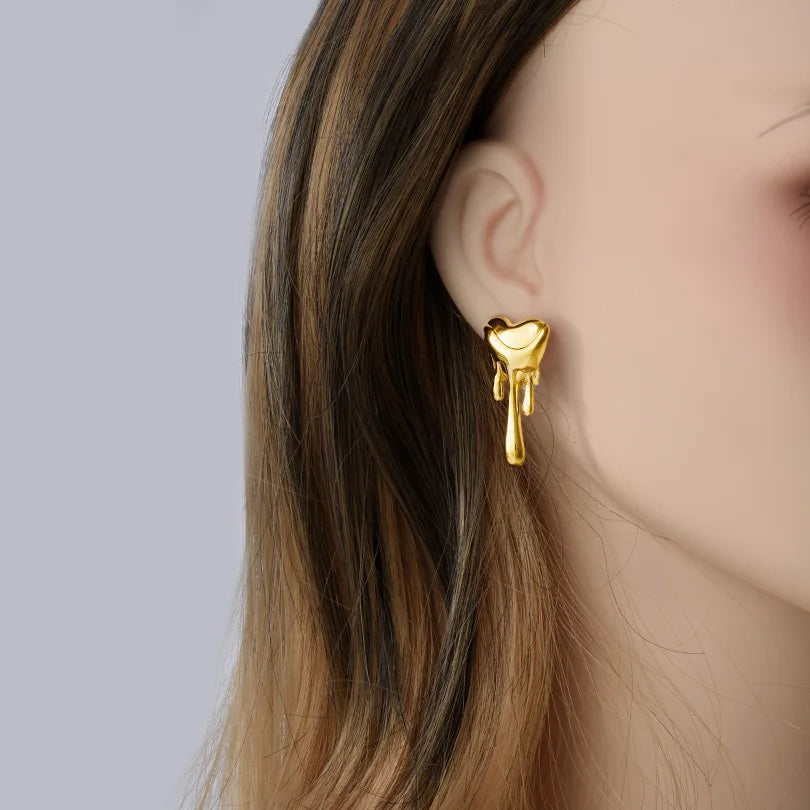 Puces Oreilles Cœur Acier Inoxydable Plaqué Or – Design Liquide Fluide | Bijou Unisexe Waterproof | Boucles Mode Tendance Homme & Femme