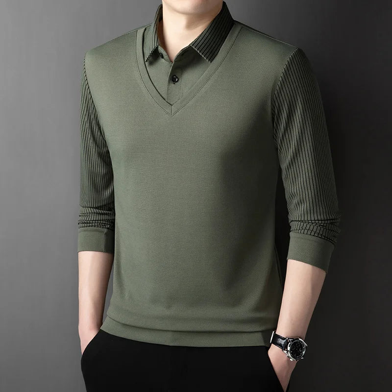 Polo Homme Manches Longues Faux Deux Pièces Couleur Unie – Business Casual Élégant Toutes Saisons Polyvalent | Mode Homme Premium