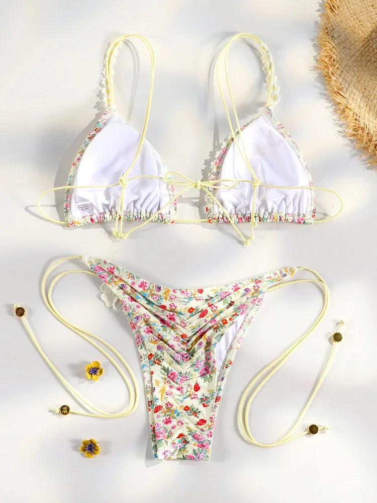 Bikini Femme 2 Pièces Imprimé Floral Micro Tanga Bandage Sexy – Maillot de Bain Été & Plage | 2026