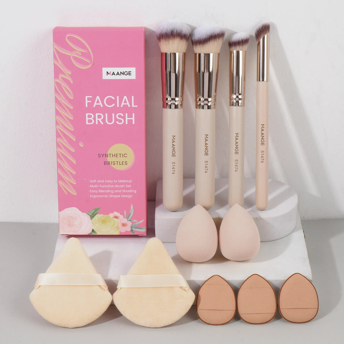 Kit Outils Maquillage 11 Pcs MAANGE – 4 Pinceaux, Puff Poudre, Éponge, Coussin d’Air & Correcteur | Set Complet Fard à Paupières