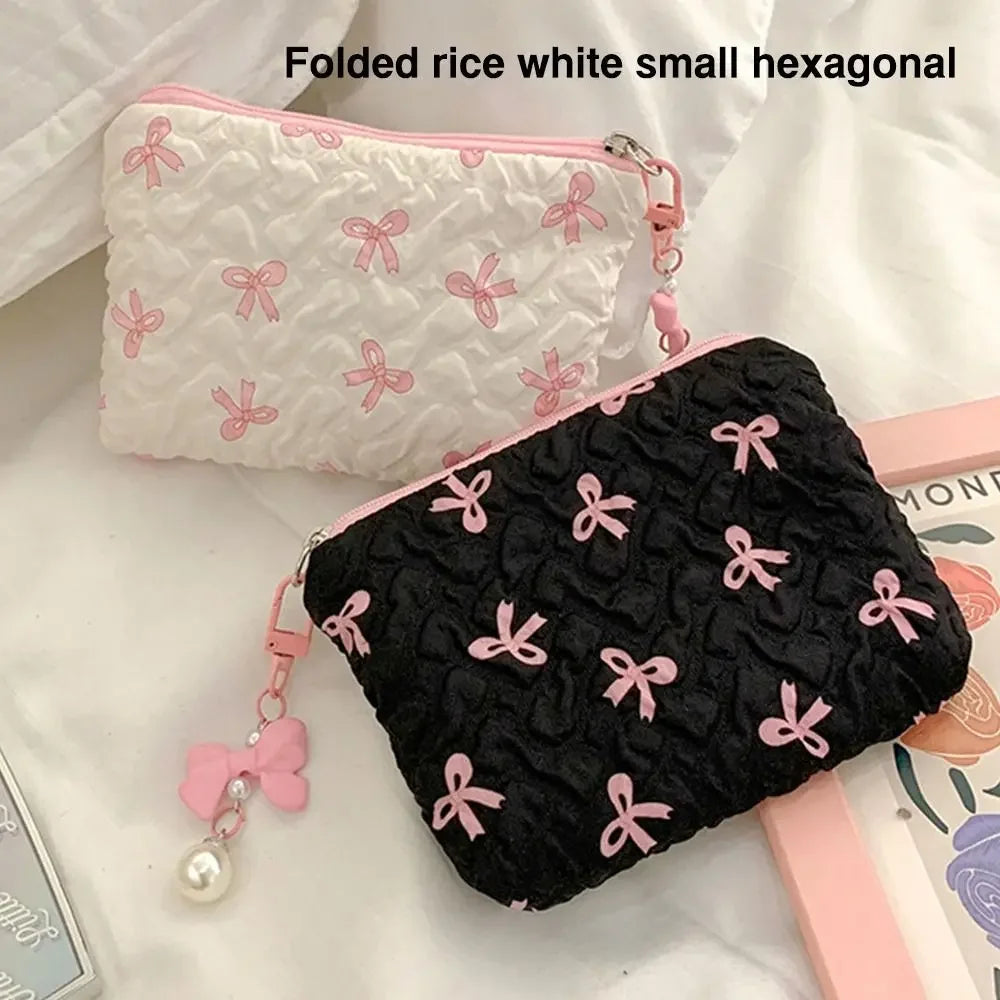 Trousse Cosmétique Nœud Plissé Coton Matelassé – Pochette Maquillage Voyage Filles | Organisateur Portable