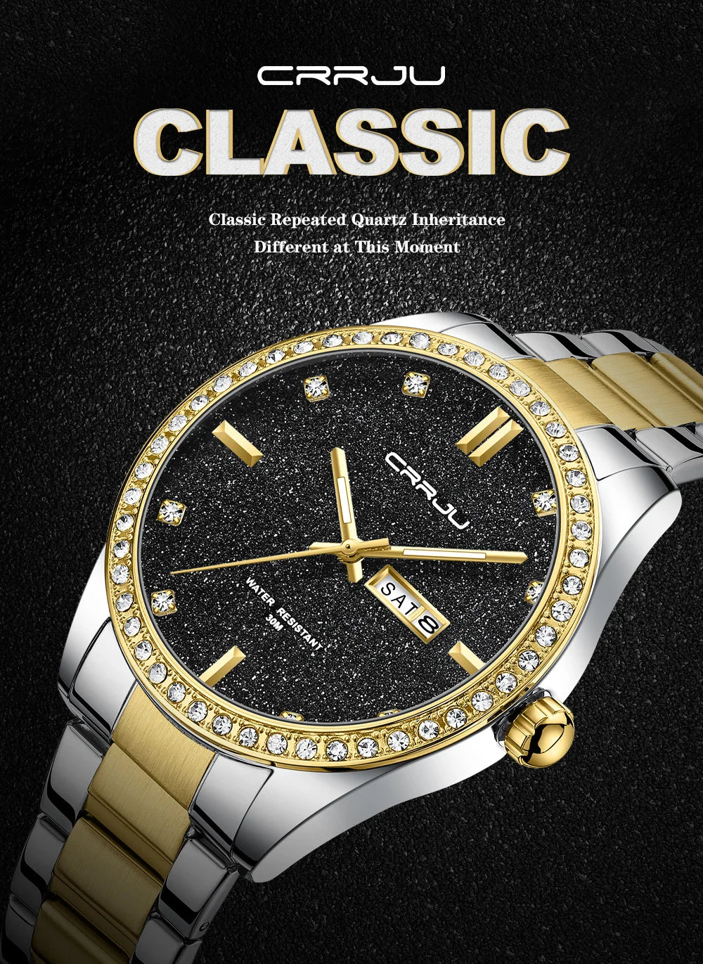 Montre Homme CRRJU Moissanite Diamant Luxe Cadran Doré Acier Inoxydable Lumineux Élégante Premium | Montre CRRJU Moissanite Diamant Luxe Premium