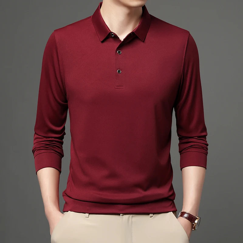 Polo Homme Manches Longues Col Polo Couleur Unie – Casual Élégant Printemps Automne | Mode Homme Premium
