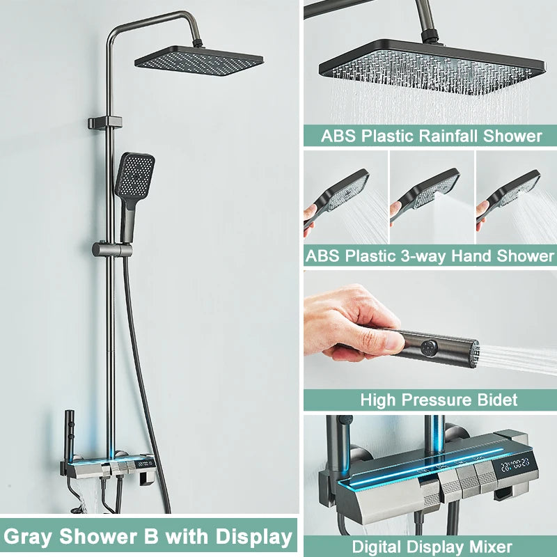 Rozin Ensemble Douche Pluie Gris – Affichage Digital, Style Piano, Mitigeur | Avec Bidet & Douchette