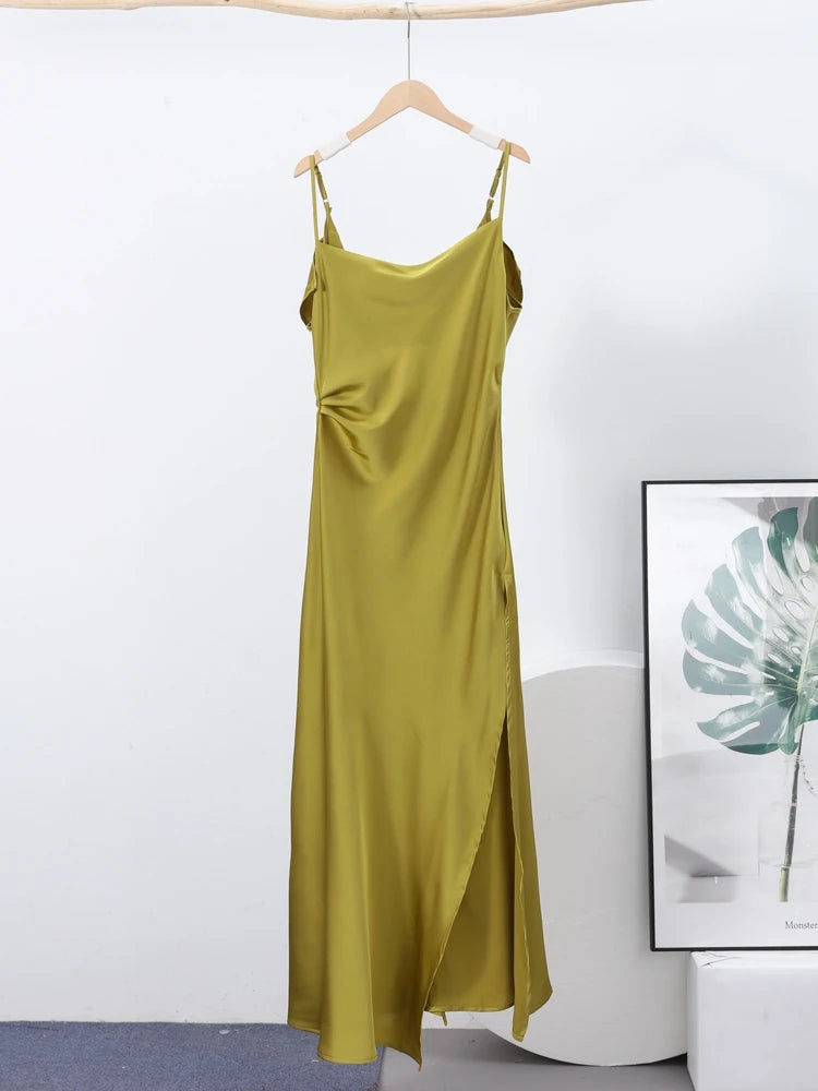Robe Maxi Satin Femme Volantée Bretelles Fente Latérale Dos Nu Sans Manches Sexy – Longue Élégante Soirée Club | Glamour 2025