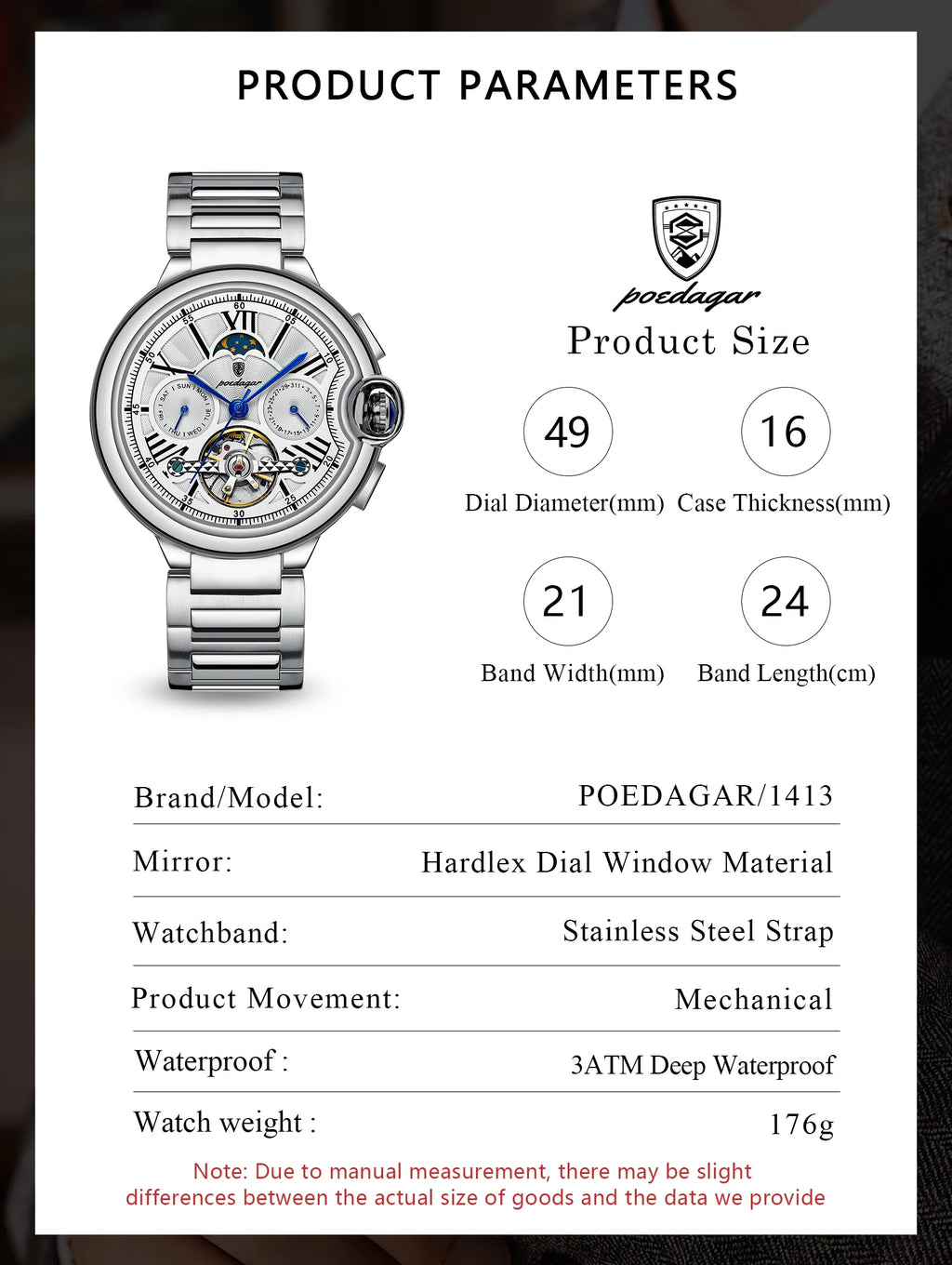 Montre Homme POEDAGAR Tourbillon Automatique Militaire – Acier Date Semaine Étanche