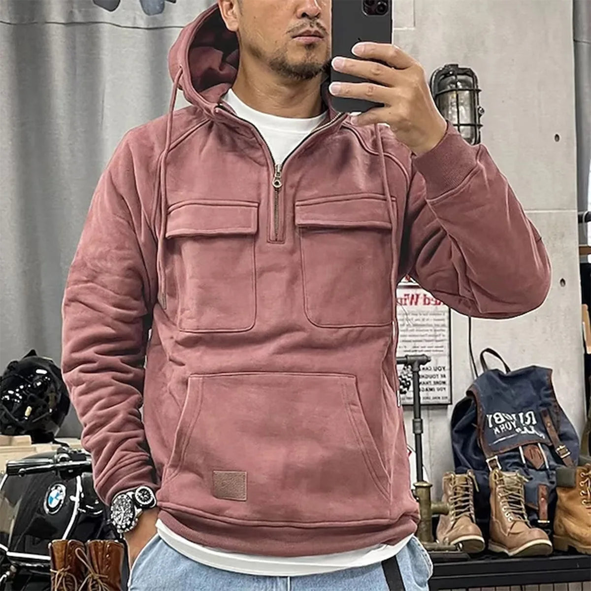 Sweat Tactique Homme Half-Zip Grande Poche – Cargo Pullover Outdoor, Gym & Fitness 2026 | Coupe Ample & Respirant