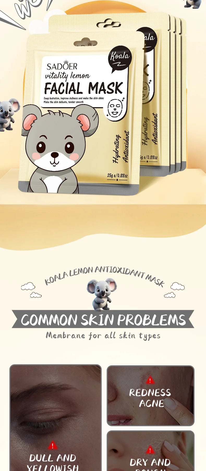 Masques Visage Fruits Frais SADOER – Lot de 5 | Hydratation, Éclat & Apaisement | Soin Peau Quotidien