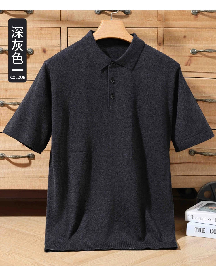 Pull Polo Homme 100% Laine Mérinos – Col Lapierre Manches Courtes Tricoté Loose Été Grande Taille