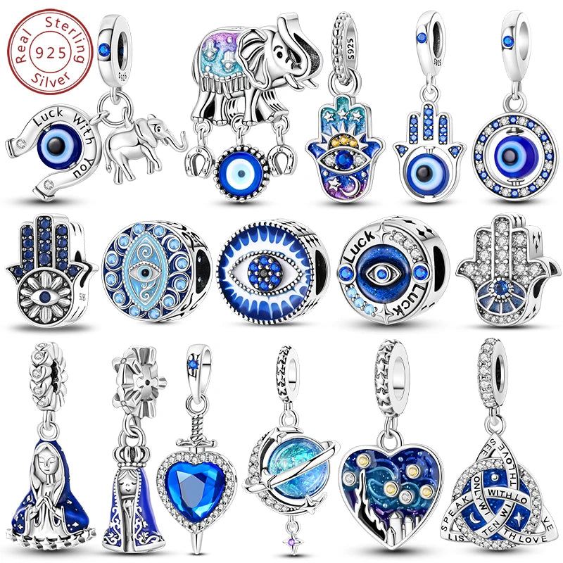 Charm Argent 925 Bleu Rotatif – Œil Démon, Main, Lune & Ciel Étoilé | Perle Pendentif Bracelet Femme | Bijou Spirituel & Mystique